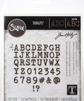 Alphanumeric Tiny Type Upper Thinlits Die Set 123 Pack displayed in packaging, includes uppercase letters and numbers for crafting by Tim Holtz Sizzix.