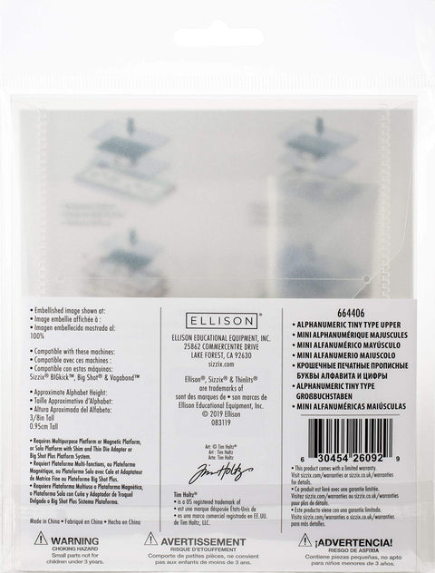 Back view of Alphanumeric Tiny Type Upper Thinlits Die Set 123 Pack packaging with product details and Ellison logo, by Tim Holtz Sizzix.