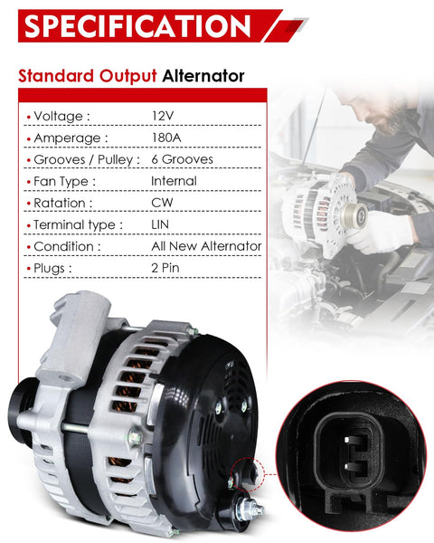 3.6L V6 High Output Alternator Replacement 180Amp For Dodge Durango Charger Challenger Ram 1500 Jeep Grand Cherokee Chrysler 300 2011-2021 OE 4801778AF Built Tough For Stable Electrical Power with specifications and installation view