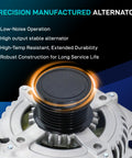 Precision manufactured alternator with black pulley, showcasing robust and high-temp resistant construction for long service life.