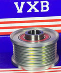 31141-RV0-A01 Alternator Clutch Pulley Bearing shown on a blue and red background, highlighting its grooves and metal finish.