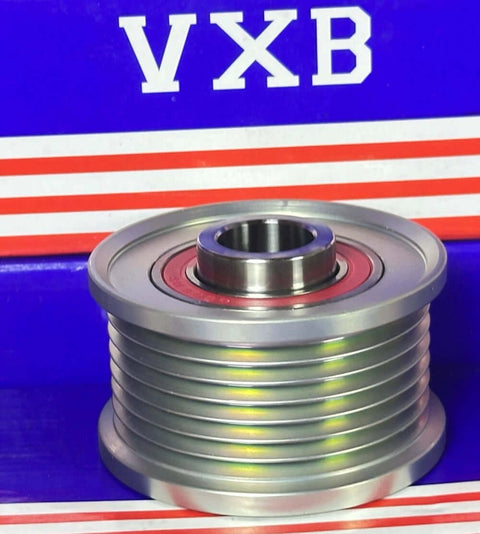 31141-RV0-A01 Alternator Clutch Pulley Bearing shown on a blue and red background, highlighting its grooves and metal finish.