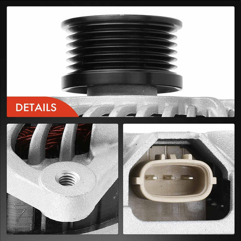 Close-up of Beefy 130 Amp 12V Alternator For Subaru Tribeca 2008 2009 H6 3.6L With Six Groove Pulley and electrical connector ports