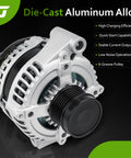 New Alternator Replacement For 3.6L V6 Engines Fitting Journey Grand Caravan Avenger Chrysler 200 Town And Country Routan And Ram C V 2011-2020 Direct Fit OE Style Electrical Part 421000-0770 front view with die-cast aluminum detail
