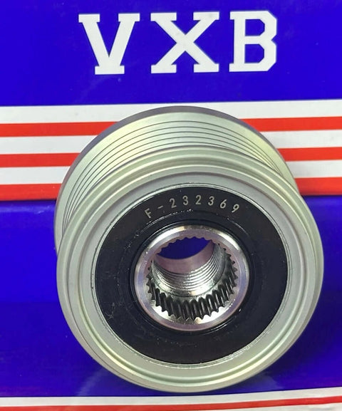 Front view of F-232369 Alternator Freewheel Clutch for Peugeot, showcasing grooves and central spline against VXB branded background.