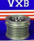 F-228824 Alternator Freewheel Clutch Pulley on a vibrant blue and red background.