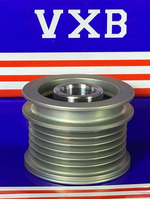 F-228824 Alternator Freewheel Clutch Pulley on a vibrant blue and red background.