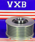 F-552386 Alternator Freewheel Clutch Pulley in front of VXB box, showing grooved metallic design for Nissan models.