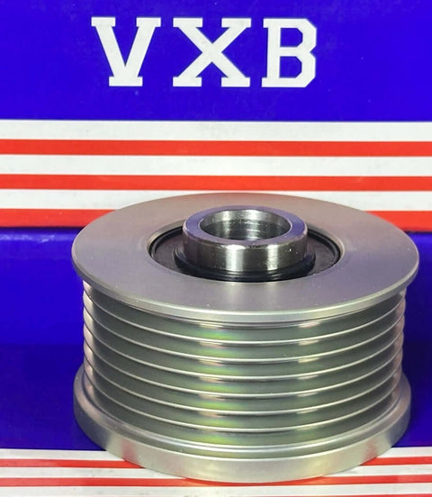 F-552386 Alternator Freewheel Clutch Pulley in front of VXB box, showing grooved metallic design for Nissan models.