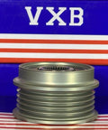 Front view of F‑552699 Alternator Freewheel Pulley 5 Groove, 55.8 mm 535000510 with 5-rib design and precision clutch on display
