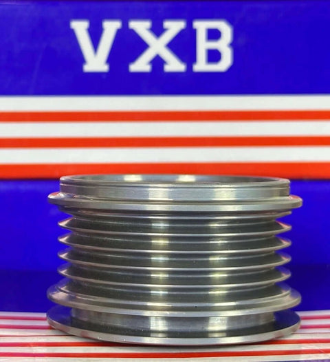 F‑557565 Alternator Freewheel Pulley 5 Groove, 55 mm OD 535016110 front view against blue and red striped box