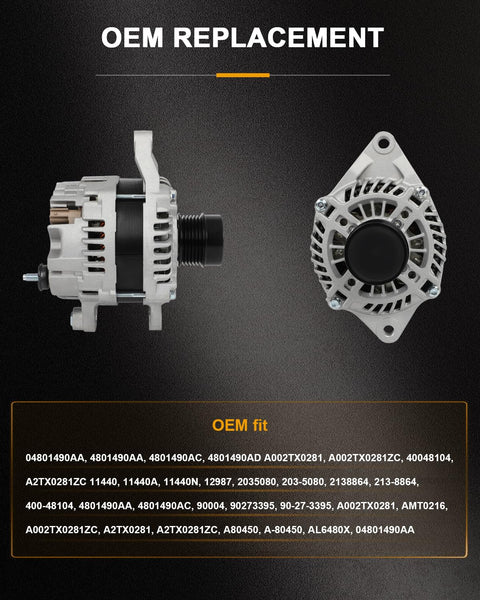 Durable Alternator Replacement For Dodge Journey 2.4L 2009 Through 2019, 3.5L 2009 Through 2010, And 3.6L 2011 High Output Charging shown