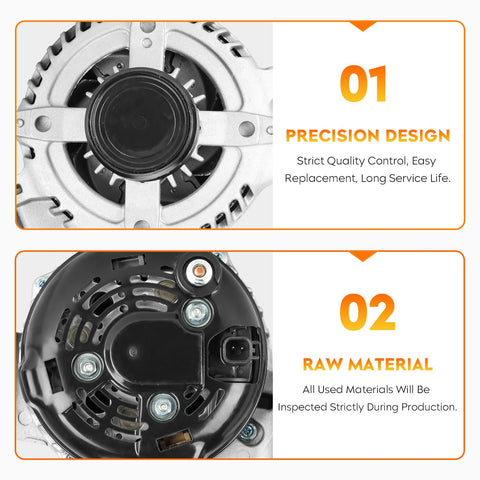 Close-up view showing front and back sides of 160 Amp Alternator For 3.6L V6 Vehicles 2011 2017 300 Challenger Charger Durango Grand Cherokee Ram 1500 Replacement Auto Part High Output Heavy Duty Built To Last.