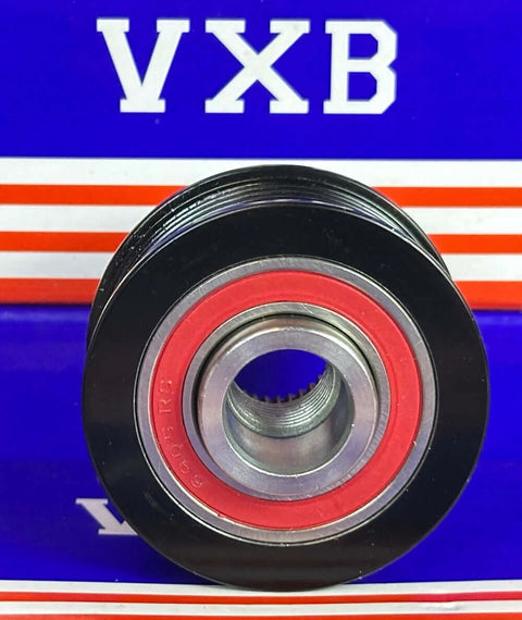 Front view of 03C903119B Alternator Pulley for Volkswagen, showcasing metal construction and freewheel design with VXB branding.