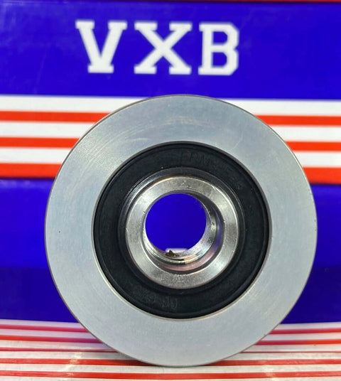 Front view of F‑557565 Alternator Freewheel Pulley 5 Groove, 55 mm OD 535016110 on colorful background