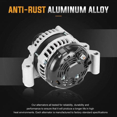 12V 3.6L Alternator Replacement For Jeep Grand Cherokee 2011 2017 And Dodge Durango Charger Challenger 2011 2017 Ram 1500 2016 2017 And Chrysler 300 2011 2017 Easy Install Plug And Play Replaces And0578 40052255 CW Rotation, front view, black and silver aluminum alloy