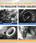 Four scenarios showcasing alternator issues: engine, speedometer, start button, voltmeter readings.