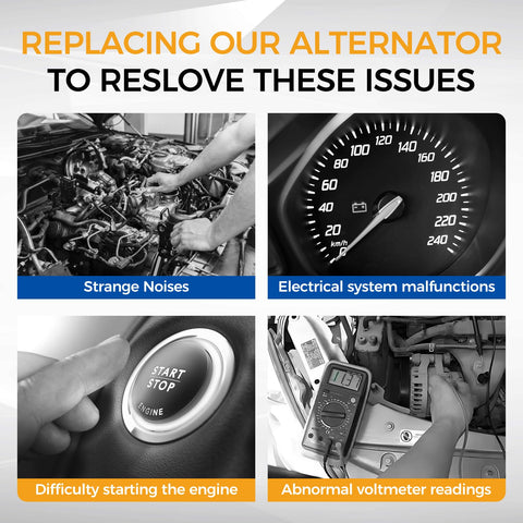 Four scenarios showcasing alternator issues: engine, speedometer, start button, voltmeter readings.