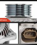 Close-up view of drop-in heavy duty alternator replacement for Subaru Outback and Legacy 2010 2011 2012 2.5L, 12V 110A with six groove pulley, clockwise rotation, plug and play fit, compatible with A003TG6191 and A003TG6191ZC.