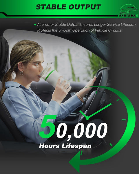 Woman drinking while seated in a car interior with graphic overlay highlighting 50,000 hours lifespan of alternator.