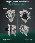 High output alternator for Subaru Forester 2014-2018, 360-degree view showing front, bottom, and product sides, 130A, 12V.