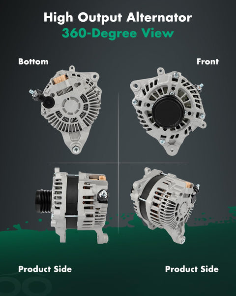 High output alternator for Subaru Forester 2014-2018, 360-degree view showing front, bottom, and product sides, 130A, 12V.
