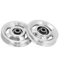 Two Universal Aluminium Alloy Bearing Pulley Wheels for Sports Fitness Equipment, 95mm size, 660 lbs capacity, side view