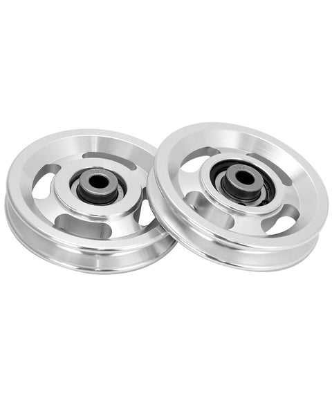 Two Universal Aluminium Alloy Bearing Pulley Wheels for Sports Fitness Equipment, 95mm size, 660 lbs capacity, side view