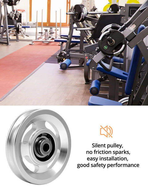 Universal Aluminium Alloy Bearing Pulley Wheel for Sports Fitness Equipment displayed in a gym setting, 95mm size, high load capacity 660 lbs