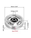 Universal Aluminium Alloy Bearing Pulley Wheel for Sports Fitness Equipment, 95mm Size, detailed dimensions, high load capacity.