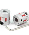 Front view of 2PCS 8mm to 10mm Aluminium Plum Flexible Shaft Coupling Diameter25mm Length30mm 8x10mm Motor Connector with hex key.