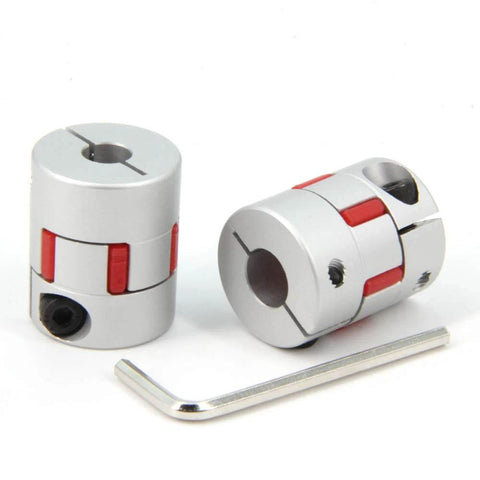 Front view of 2PCS 8mm to 10mm Aluminium Plum Flexible Shaft Coupling Diameter25mm Length30mm 8x10mm Motor Connector with hex key.