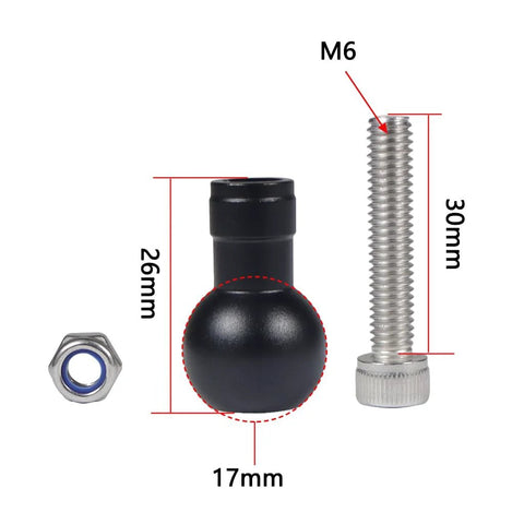 Aluminum 17mm Expanding Ball Head With M6 Screw For Tripod Selfie Handle Grip Stand Mount Converter shown with measurements