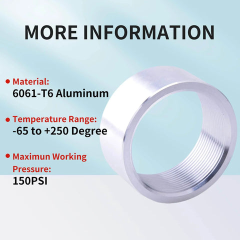 Aluminum 6061T6 2 Inch NPT Female Weld On Pipe Fitting Bung 2 Pack with temperature and pressure specifications.