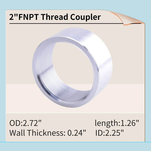 Aluminum 6061T6 2 Inch NPT Female Weld On Pipe Fitting Bung 2 Pack, showing threading and dimensions for plumbing and gas uses.