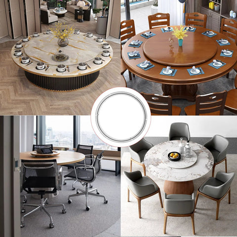 Heavy Duty Aluminum Turntable Bearing 20 Inch Swivel Plate For Dining Tables And Workbenches, used on diverse table styles.