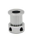 Close-up of durable aluminum 2GT timing pulley, 20 teeth, 8mm bore for 10mm width timing belt, compatible with 3D printers and CNC machines.