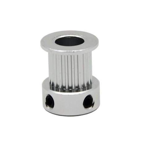 Close-up of durable aluminum 2GT timing pulley, 20 teeth, 8mm bore for 10mm width timing belt, compatible with 3D printers and CNC machines.