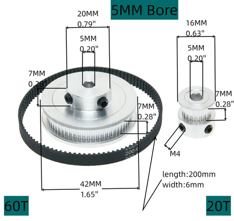 Two Pack Aluminum 2GT Timing Pulleys Set 20T And 60T With 5mm Bore Compatible With 2GT Synchronous Belts, technical specifications