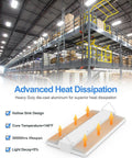 Seriously Bright 480V 300W LED Linear High Bay Light with diagram showing heat dissipation in warehouse setup