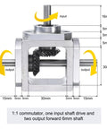 Bevel Gearbox 90 Degree 1to1 With Dual 6mm Output Shafts Aluminum DIY Frame, showing dimensions and shaft directions