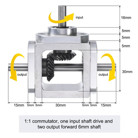 Bevel Gearbox 90 Degree 1to1 With Dual 6mm Output Shafts Aluminum DIY Frame, showing dimensions and shaft directions