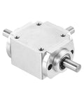 Bevel Gearbox 90 Degree 1 To 1 Dual Output Aluminum Frame 8mm Shaft Built Tough, side view of aluminum frame with dual shafts