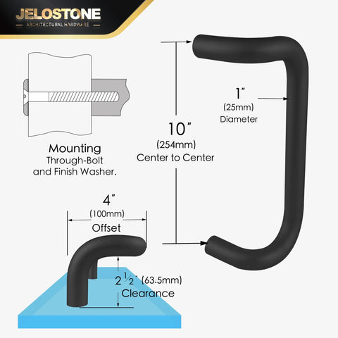 Diagram of Aluminum 90 Degree Offset Door Pull Black Anodized 1 Inch 10 Inch Center with mounting details.