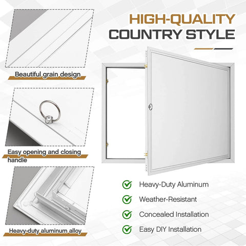 Close-up of a Crawl Space Access Door Universal Aluminum Skirting Access Door Panel for Mobile Home Insulated Wall Ceiling Mounted, showing design features.