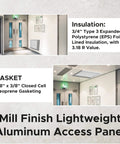 Insulated Aluminum Access Door 16x16 Exterior Access Panel For Walls And Ceilings Screwdriver Cam Latch Mill Finish, shown installed with gasket and EPS insulation details.