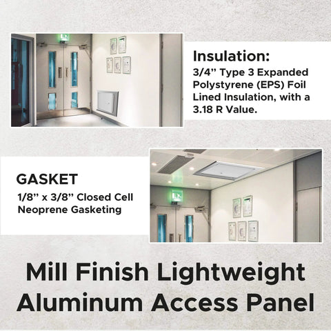 Insulated Aluminum Access Door 16x16 Exterior Access Panel For Walls And Ceilings Screwdriver Cam Latch Mill Finish, shown installed with gasket and EPS insulation details.