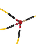 3-Way Air Manifold With Four Ports Aluminum Flat Hex Quick Connect Air Hose Splitter with yellow hoses attached in workshop setting