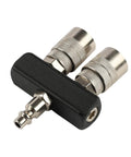 Two Way Straight Air Manifold Splitter With Dual One Quarter Inch Quick Connect Couplers And One Quarter Inch NPT Male Plug Aluminum Body