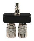 Two Way Straight Air Manifold Splitter With Dual One Quarter Inch Quick Connect Couplers And One Quarter Inch NPT Male Plug Aluminum Body Air Compressor Hose Splitter For Easy Quick Hookup And Reliable Air Flow